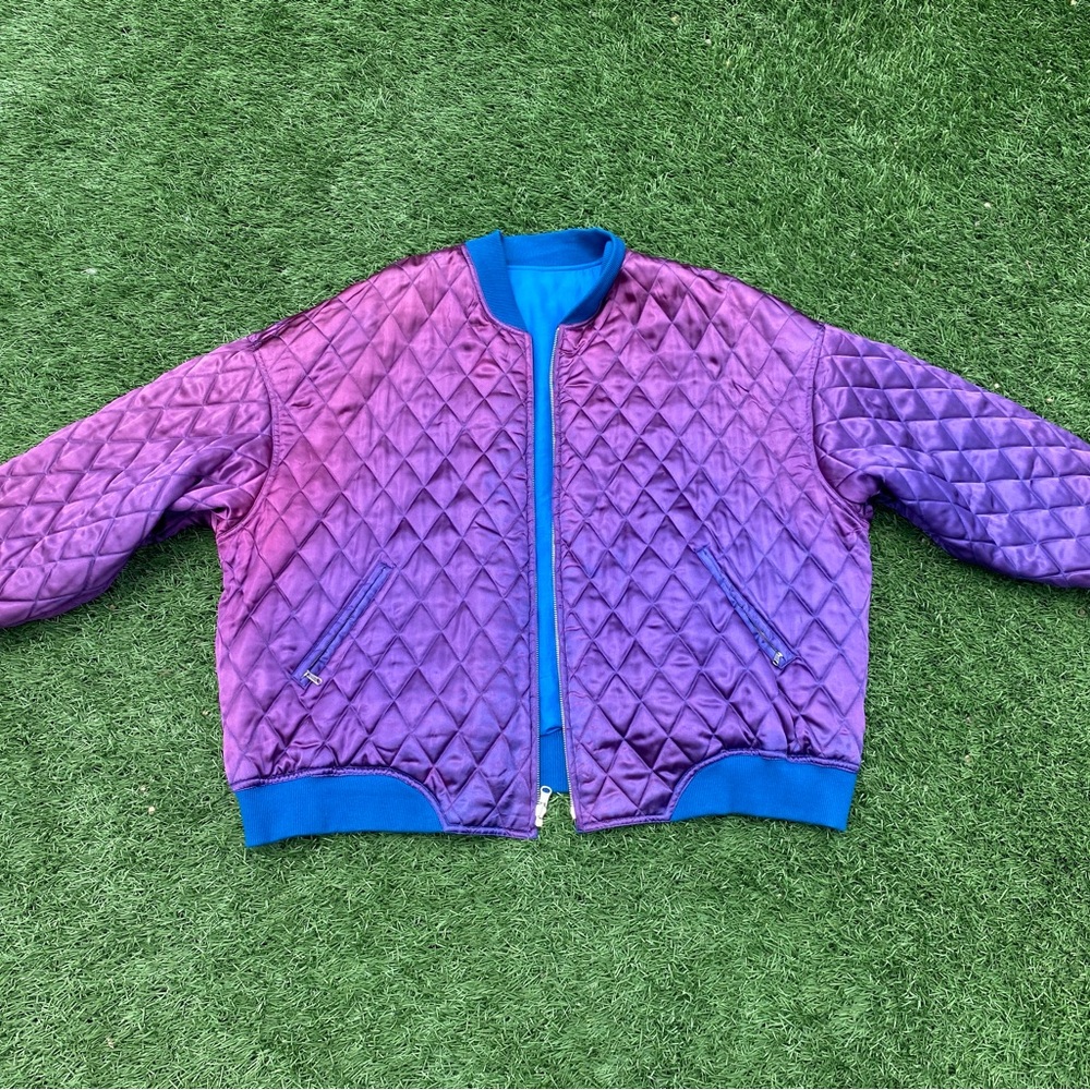 Real Silk Reversible Quilted Purple and Blue Oversized Bomber Jacket